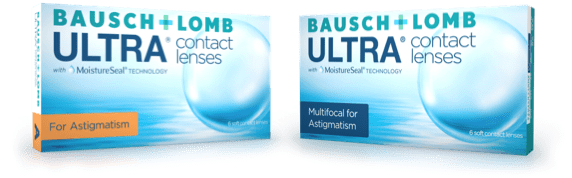 Boxes of ULTRA monthly contact lenses for astigmatism and ULTRA monthly multifocal contact lenses for astigmatism